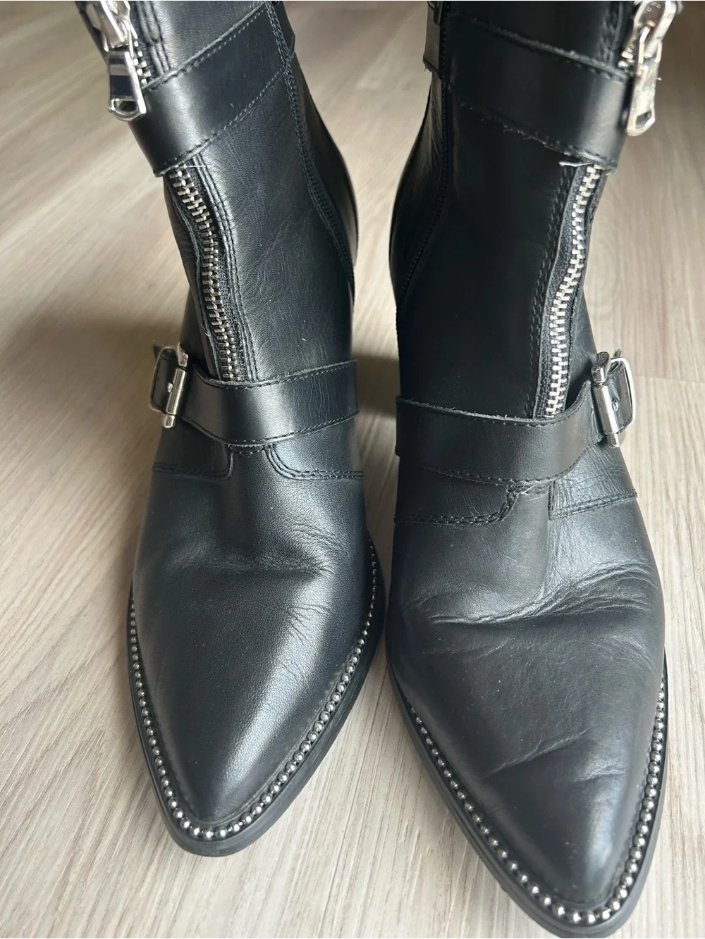 Halle Moto Buckle Booties Black 11M Leather Pointed Toe Side Zipper